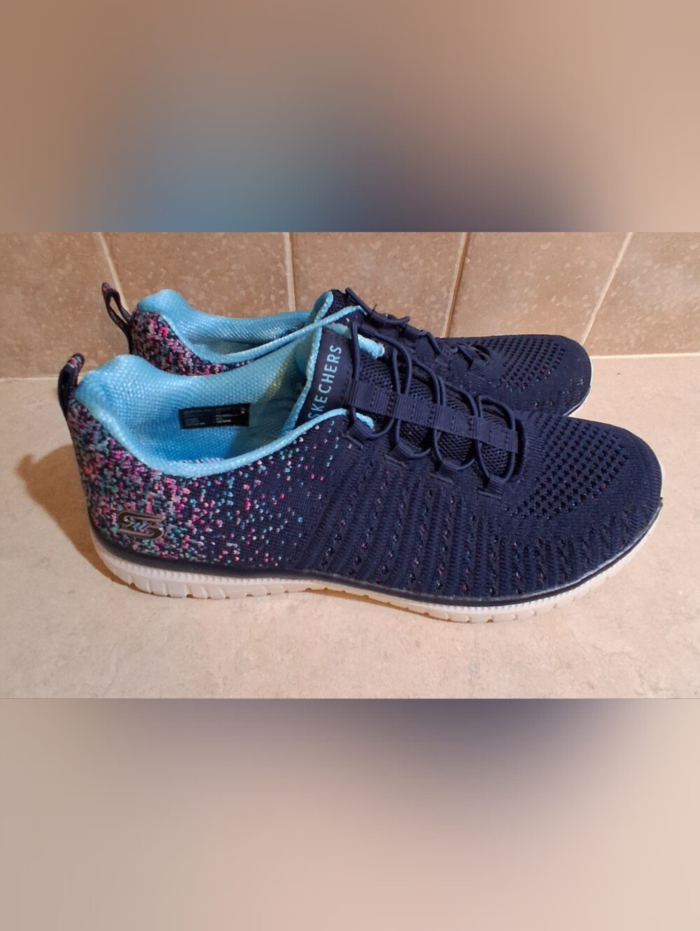 Skechers Virtue sneakers, colorful speckled knit upper & bungee lace front 8